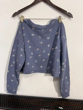 Colsie Women's Long Sleeve Fleece Lounge Sweatshirt Blue With Flowers S