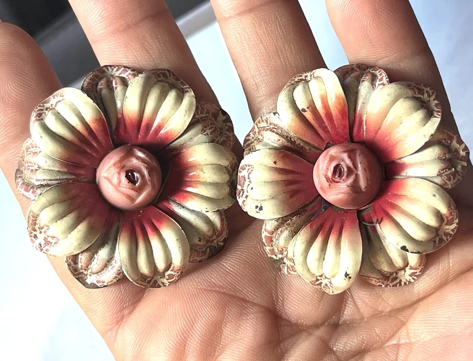 Vintage Giant Metal Enamel Flowers-Earrings, Furniture Buttons - Image 2 of 4