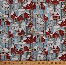 Cotton Birdhouses Winter Birds Cardinals Chickadees Fabric Print BTY D400.29