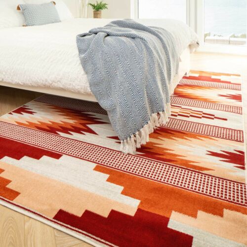 Tapis tribal aztèque en terre cuite géométrique élégant populaire tapis de chambre à coucher tissé plat - Photo 1/12