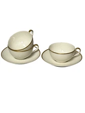 2 Limoges Havilland Porcelain Teacup Saucer Sets & 1 Cup White Gold Trim France