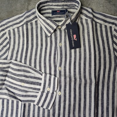 Vineyard Vines Shirt Mens Large Gray Striped Linen Bendback Button Down Preppy