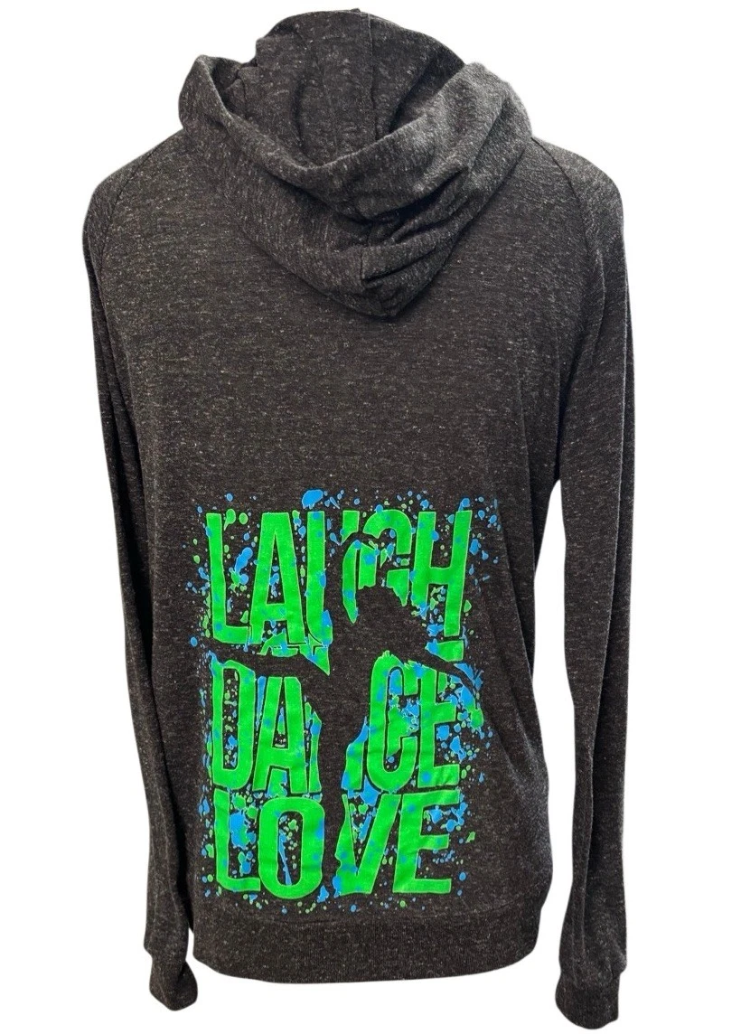 Gray Full Zip Hoodie Jacket Medium Laugh Dance Love Back Graphic Lightweight