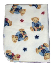 VTG Springmaid BJT Blue Jean Teddy Fleece Baby Blanket Red Blue Stars Blocks