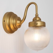 Gooseneck Wall Light Sconce with Clear Ribbed Glass Globe Shade, Vintage Brass