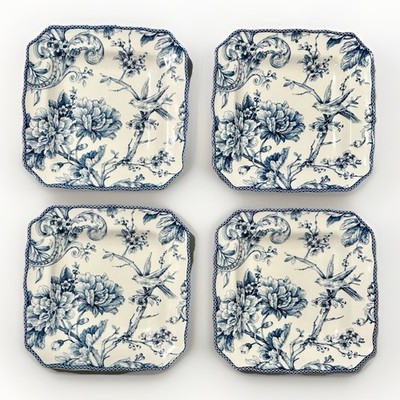 222 Fifth Adelaide Blue White Square Salad Plates Set 4 Flowers Birds Toile 8.5''