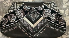 BEBE EMBELLISHED SEQUIN CLUTCH BLACK SILVER W/ SILVER HARDWARE