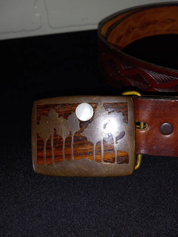 Cinto/fivela vintage árvores lua natureza bronze madrepérola madeira incrustação tamanho 36 - Imagem 4 de 4