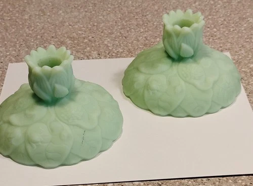 Vintage Fenton Art Glass Candle Holder Pair | Water Lily Pattern | Satin Green