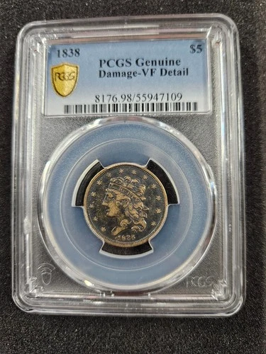 🌟 1838 Liberty Classic Head Gold $5 Half-Eagle PCGS VF DETAILS DAMAGED TONED