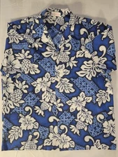 Island Aloha Wear Shirt Mens XL Blue White Hawaiian Floral Made in Hawaii USA