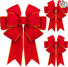 3PCS Large Red Velvet Christmas Bows 14x12 Gold Edge Tree Wreath Ornaments D cor