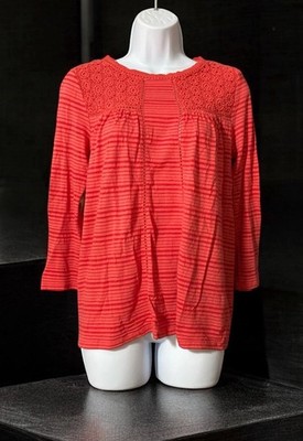 Women Lucky Brand Pink Long Sleeve Pullover Striped Rayon Blend Top Sz S