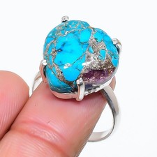 Copper Blue Turquoise Gemstone 925 Sterling Silver Jewelry Ring Size Adj. Y203