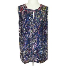 Cabi Stained Glass Keyhole Blouse Size M Purple Multi Sleeveless Pleated Lined