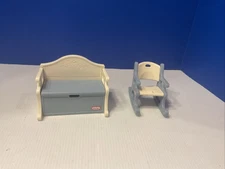 Vintage Little Tikes Dollhouse Size Blue Toy Box Storage Bench & Rocking Chair