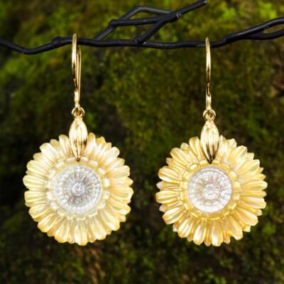 Blume Ohrringe Perlmutt & Vermeil Vergoldung an Sterling Silber 3.91 G