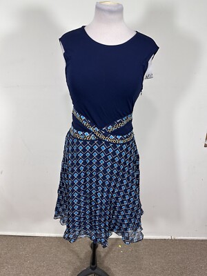 Diane VonFurstenberg DVFRosalie Mixed Media Fit & Flare Dreblue geometric Size 4