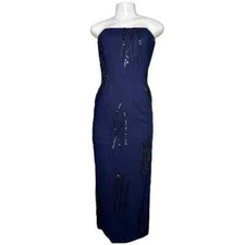 VTG 90s Y2K Nite Line by Della Roufogali Navy Strapless Sequin Beaded Gown Sz 6