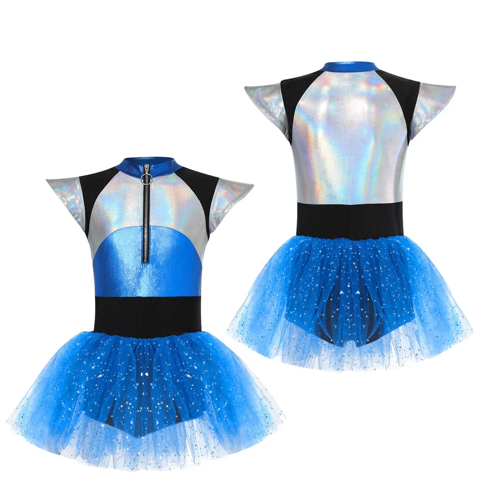 UK Girl's Alien Fancy Tutu Dress Shiny Cheer Leader Stage Performance Costume