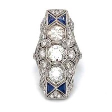 1920s Style Old European Cut Simulated Sapphires  Sapphire 935 Silver Ring