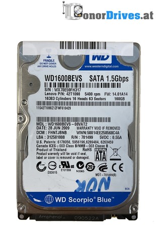 Western Digital WD1600BEVS-08VAT2 - 160 GB - SATA - 2060-701499-005 Rev. P1 *