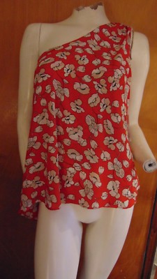 Cynthia Rowley Top New York vorne drapiert Blumenmuster eine Schulter L 14 rot Mix neu mit Etikett