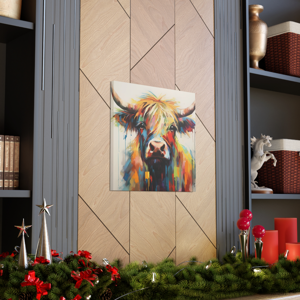 Highland Cow Canvas Colourful Painting Style Print Animal Wall Art