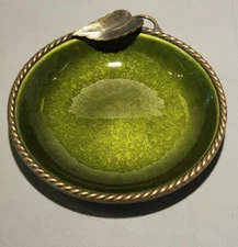 Vintage EVANS Green Hand Enameled Dish / Ashtray W/ Brass Leaf 