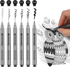 Micro Fineliner Drawing Art Pens: 6 Black Fine Line Waterproof Ink Set Artist Su
