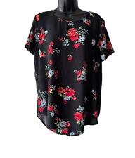 Chelsea & Theodore Floral Sheer Blouse Womens Size Large Black Short Sleeves