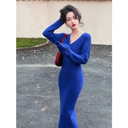 Vestido midi tejido para mujer cuello en V elegante suéter vestidos invierno damas - Imagen 10 de 30