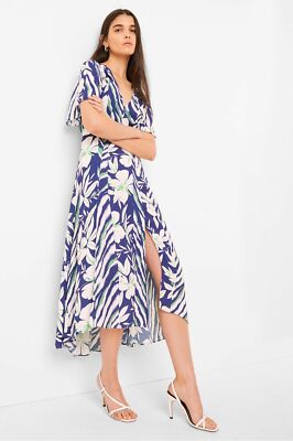 French Connection Diah Crepe Faux Wrap Dress Size 6 Blue Short Sleeve Flutter