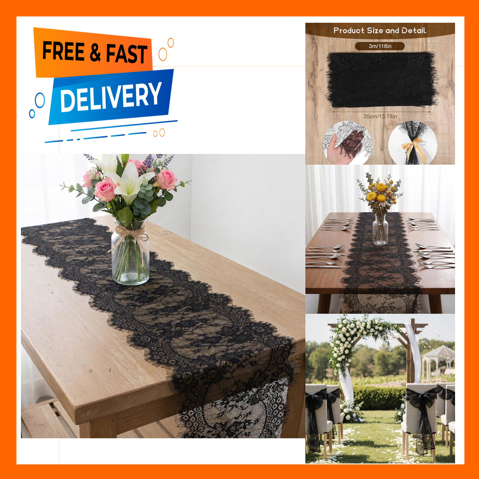 Black Lace Table Runner Vintage Gothic Embroidered Doilies Tulle Fabric ...