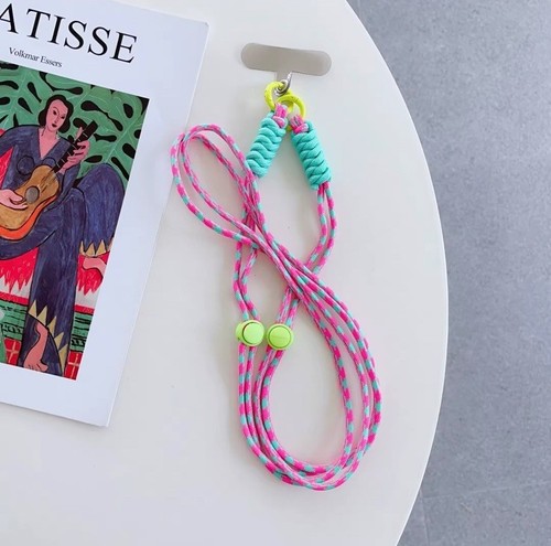 Vibrant Braided Mobile Phone Smartphone Crossbody Lanyard Adjustable Pink Green - 第 1/4 張圖片