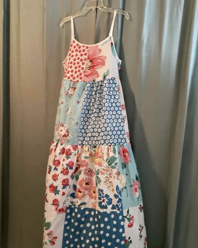 Girls Multicolor Patchwork Floral Long Sundress Square Neck Strappy Sleeveless