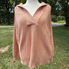 Aerie Waffle Knit Hoodie Sweater Peach Coral V-Neck Pullover Womens Medium Cozy