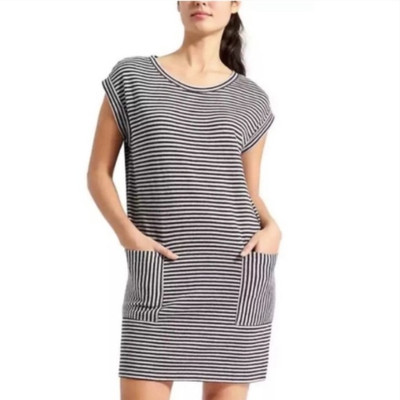 Athleta Ease Up Striped Sweatshirt Dress Gray and Navy ~ Size Small