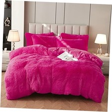 Faux Fur Velvet Fluffy Bedding Duvet Cover Set Down Comforter Queen Hot Pink