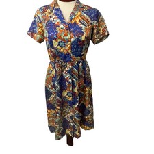 Vintage Floral Handmade Dress Retro 70s Button Front Medium