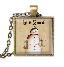 Let It Snow Snowman Christmas Gifts - Handmade SQUARE Glass Pendant Necklace