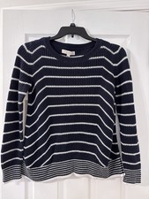 LOFT Navy White Striped Knit Crew Neck Pullover Sweater Women's Long Sleeve M