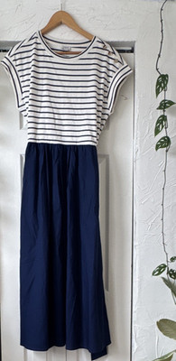 J.CREW White Navy Striped Button Shoulder Midi Dress M Short Sleeve Crew Neck