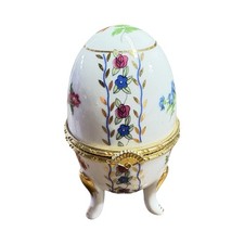 Vintage Hand-Painted Porcelain Footed Egg-Shaped Hinged Trinket Box with Floral Decoration — listing 4