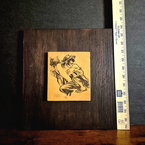 Boceto vintage 1966 en madera firmado - panel de arte montado de 12"x12" - Imagen 6 de 9