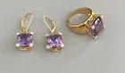VTG Signed China 925 R Sterling Gold Tone Ring-Earring SET Size 5 Purple 11.2g