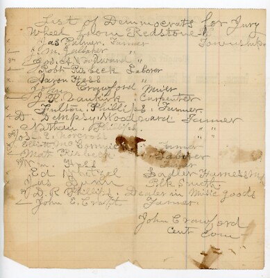 Signed John Crawford Democrat Jury List Central Grocery Ironsville PA 1870's