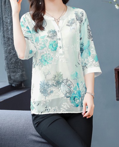 Blusa túnica floral de chifón para mujer manga larga con botones elegantes camisas para el torso - Imagen 2 de 7