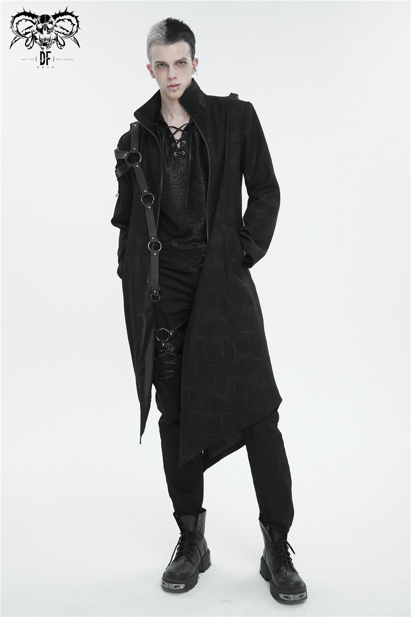 Devil Fashion Men Black Gothic Punk Zipper Chain Asymmetric Coat