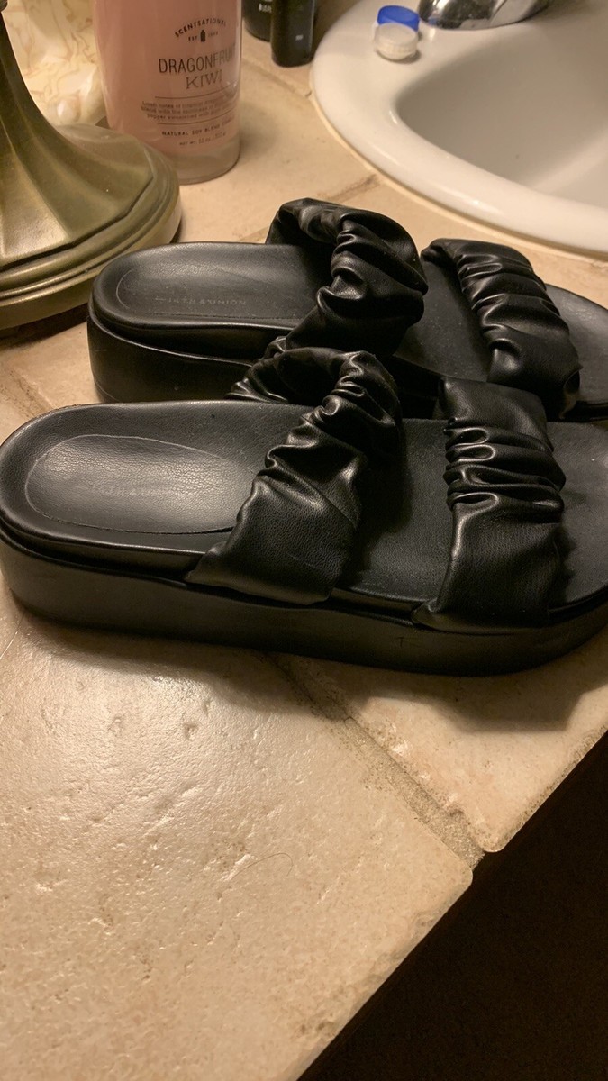 Y2K 90s Chunky Platform Sandals Black Double Strap Slip On Women's